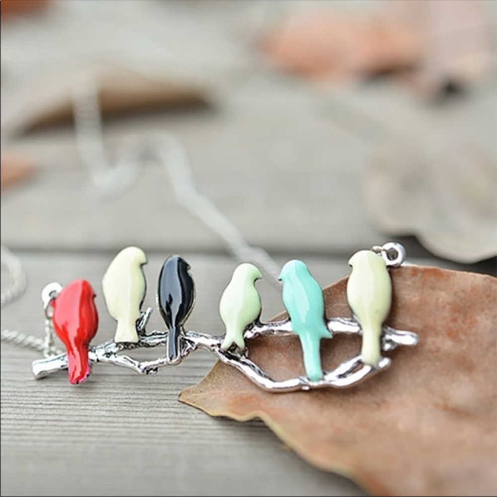 Multicolor Birds on a Branch Necklace